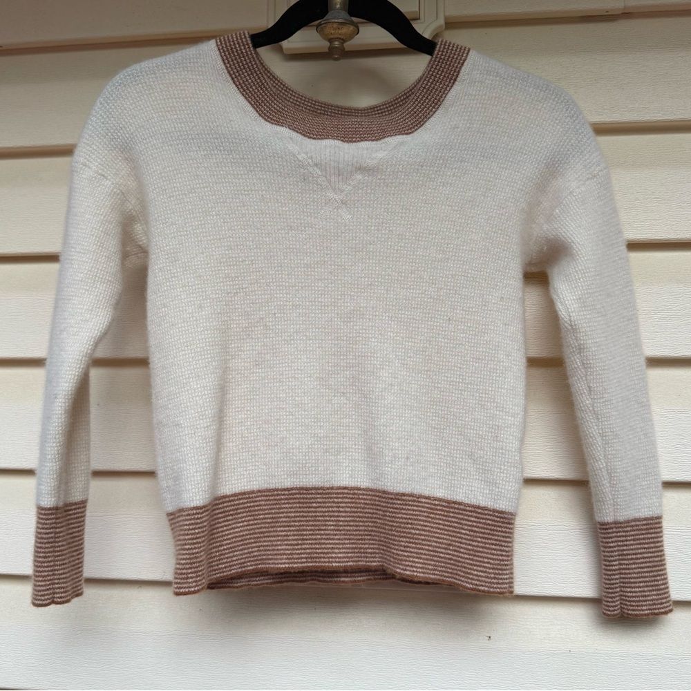 Madewell 100% Cashmere Cream Crewneck Sweater, Brown Neck Hem & Cuff Trim, XXS